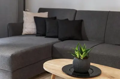 a vase sitting on a table in front of a couch at Greyt Apartments Glyfada in Athens