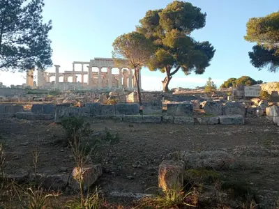 a view of the ruins of the temple at Elia Apartments in Agia Marina Aegina