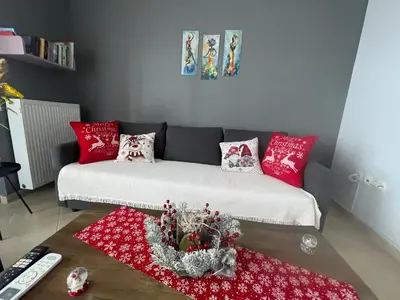 a living room with a couch with red pillows at House in riviera lagonisi in Kalívia Thorikoú