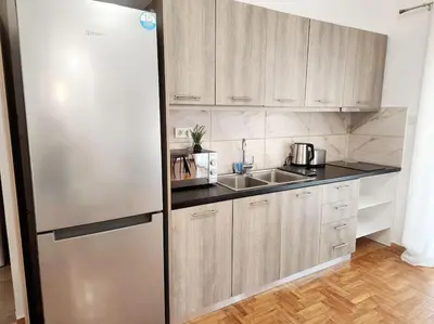 a kitchen with a stainless steel refrigerator and a sink at Attiki Rooftop Apartment VIPGreece in Athens