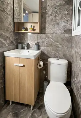 a bathroom with a white toilet and a sink at Cozy Athens Hideaway in Athens