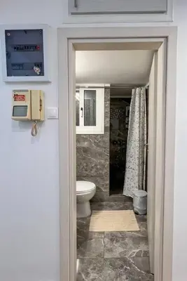 a bathroom with a toilet and a shower in it at Cozy Athens Hideaway in Athens