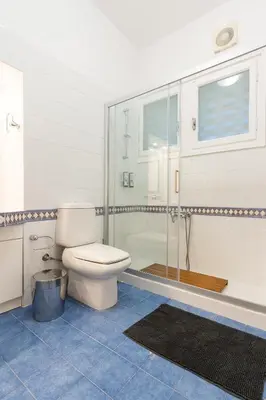 a bathroom with a toilet and a shower at Villa Antiope Saronida in Saronida