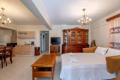 a living room with a bed and a kitchen at Evie's cozy apartment in Athens