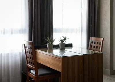 a desk with two plants on top of it next to a window at Lacoba Hotel in Athens