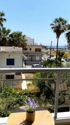 a balcony with a flower pot on a table at Sea Through Apartment Anavissos in Anavissos