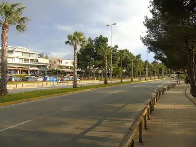 a street with palm trees on the side of a road at VOULIAGMENI RIVIERA center between Beach and Lake in Athens