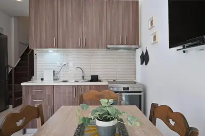 a kitchen with a table with a potted plant on it at Seabreeze apartment in Palaio Faliro/ Netflix in Athens