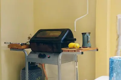 a grill with fruit on a table in a room at Garden Apartment with BBQ in the Athenian Riviera in Athens