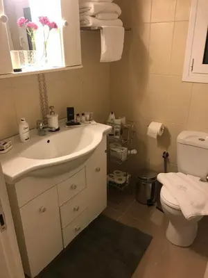 a bathroom with a sink and a toilet and a window at Marcy's luxurious Penthouse Marina Zeas in Piraeus