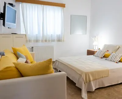 a bedroom with a bed and a couch and a tv at My Porto Villa in Porto Rafti
