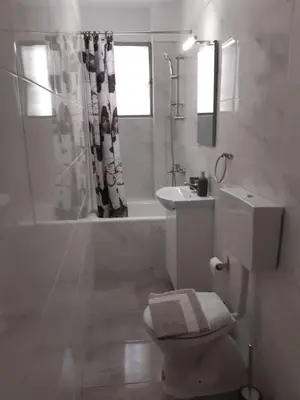 a bathroom with a toilet and a sink and a shower at Central Apartment in Athens