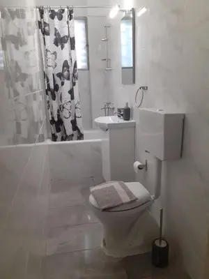 a bathroom with a toilet and a sink and a shower at Central Apartment in Athens