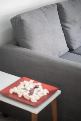 a red plate on a table in front of a couch at New Spacious & Stylist Apt in Piraeus