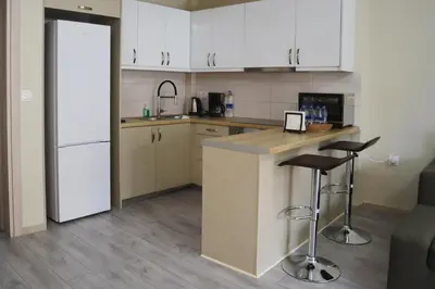 a kitchen with a refrigerator and two bar stools at Dafni City Apartment 5 in Athens