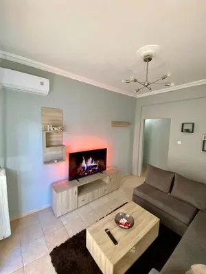 a living room with a couch and a fireplace at Cozy flat Korydallos in Piraeus
