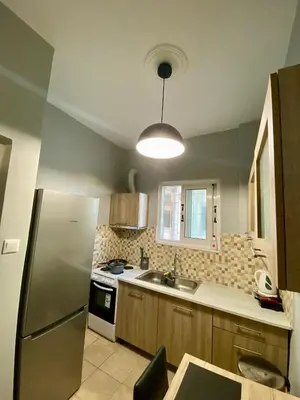 a kitchen with a stainless steel refrigerator and a sink at Cozy flat Korydallos in Piraeus