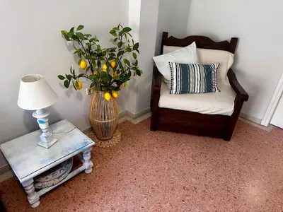 a room with a chair and a vase with a plant at Sea view apartment steps away from the Beach Anavyssos Palaia Fokaia in Áyios Yeóryios