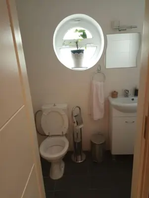 a small bathroom with a toilet and a sink at Annitas luxury oasis appartment in Athens