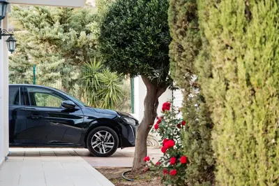a blue car parked next to a tree and red roses at Luxury Cottage Casa con Vista with sea view in Sounio