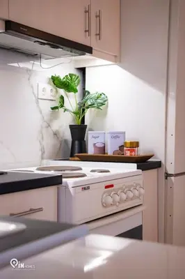 a kitchen with a white stove and a potted plant at Sophia's - Central Apartment Near Egaleo Metro-Athens in Athens