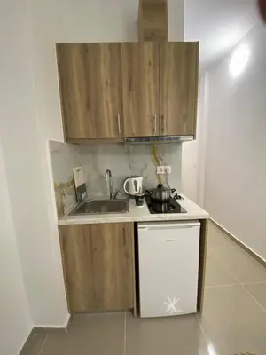 a small kitchen with wooden cabinets and a sink at Nafousa 1. Nafousa 2 in Athens