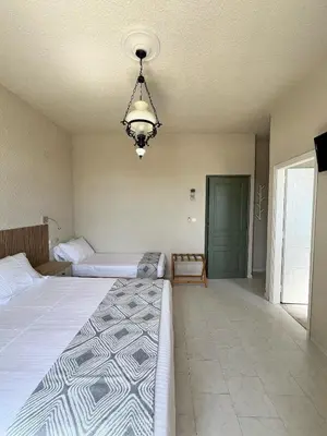 a large bedroom with two beds and a chandelier at Kores Aegina in Agia Marina Aegina