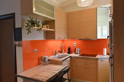 a kitchen with orange walls and wooden cabinets at Vasiliki’s Guesthouse in Athens