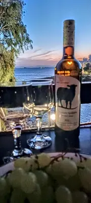 a bottle of wine sitting on a table with glasses at Sea Luxury Apartments in Piraeus