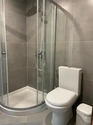 a bathroom with a toilet and a shower at Leo's Apartments in Koropíon