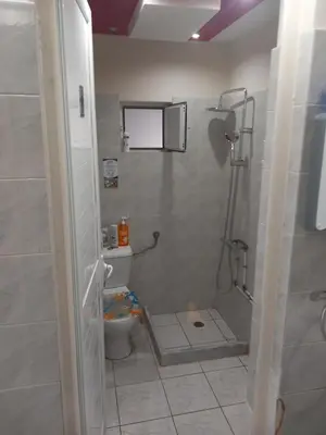 a bathroom with a shower and a toilet in it at House marios airport in Spáta