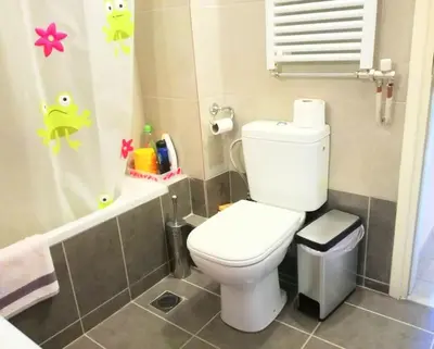 a bathroom with a white toilet and a shower at Angela's Home (Near Athens Airport) in Spáta