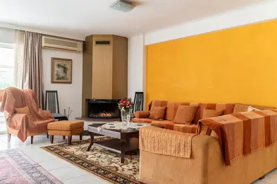 a living room with a couch and a fireplace at Katerina's apartment in Athens