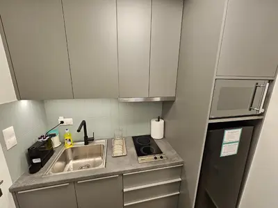 a small kitchen with a sink and a refrigerator at Platon Stylish Apartment in Athens