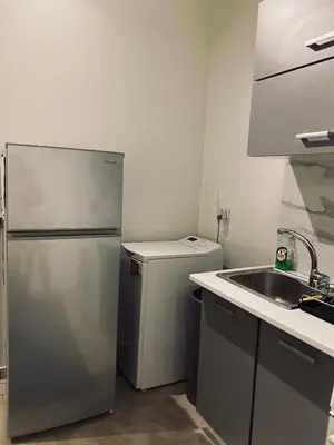 a kitchen with a stainless steel refrigerator and a sink at Cosy House Glyfada in Athens