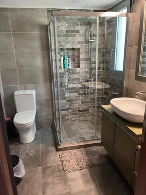 a bathroom with a shower and a toilet and a sink at Zinia House in Porto Rafti