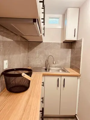 a kitchen with a sink and a basket on the counter at Cactus Luxury suite1 in Athens