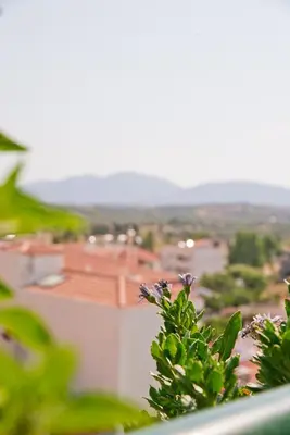 a view of a city from a building with flowers at Nesto Athens Airport Den in Spáta