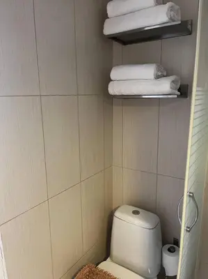 a bathroom with a white toilet and towels at Athena 1 in Athens