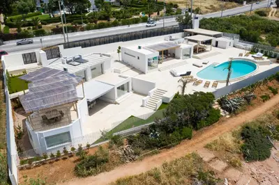 an aerial view of a house with a swimming pool at Seafront Athens Riviera Lagonisi Villa in Lagonissi