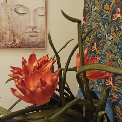 a plant in a vase next to a painting at Stay in Athens - muses in Athens
