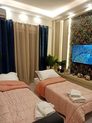 a bedroom with two beds and a flat screen tv at Stay in Athens - muses in Athens