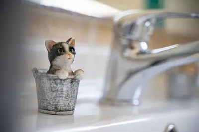 a toy cat is sitting in a cup on a sink at Koropi 3 bedroom Luxurious Apartment 5 pers- Angel House in Koropíon