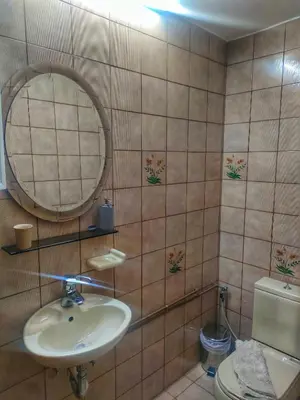 a bathroom with a sink and a mirror and a toilet at Home4U, just 7km from airport in Markopoulo