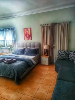 a bedroom with a large bed and a couch at Home4U, just 7km from airport in Markopoulo