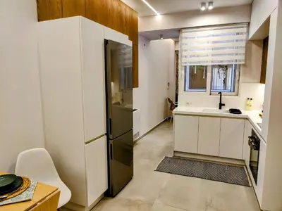a kitchen with a refrigerator and a sink and a window at Elpis' cozy & luxury apartment in Athens