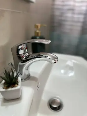a bathroom sink with a faucet and a plant on it at apartment Alimos near the sea in Alimos