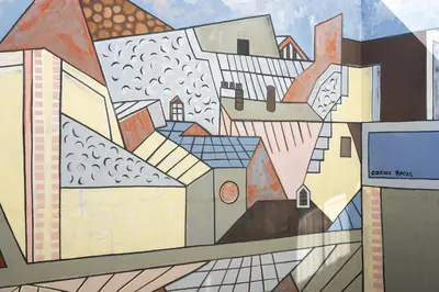 a painting of a city with buildings at Mitsis N'U Piraeus Port in Piraeus