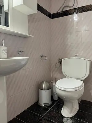 a bathroom with a white toilet and a sink at Machi's Apartment in Markopoulo