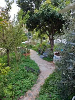a path in a garden with trees and flowers at pavlosloft in Leondárion